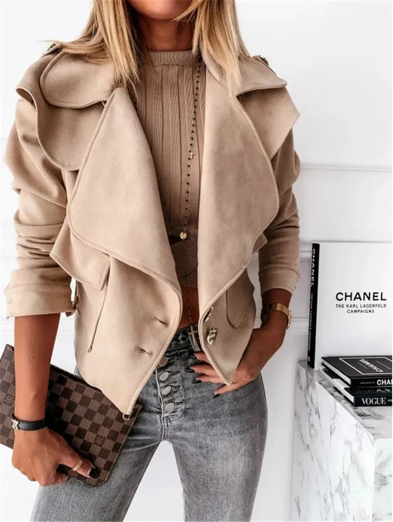 Deer Skin Velvet Elegant Jacket Women Turn Down Collar Long Sleeve Slim Coat Solid Buttons Overcoat Punk Jacket Non Suede