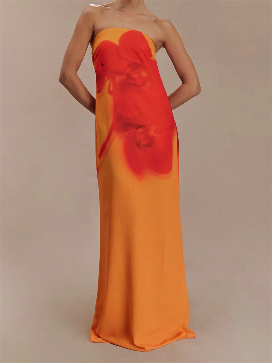 Women Long Dress Floral Print Tube Dress Summer Fashion Backless Casual Strapless Dress