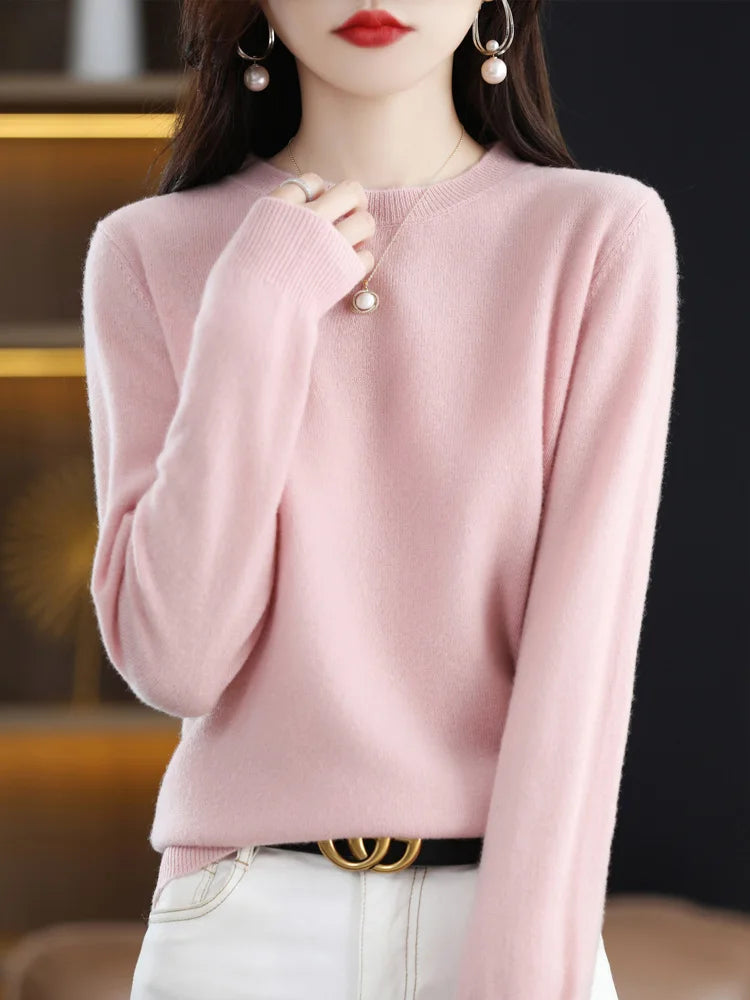 Fashion 100% Merino Wool Women's Sweater O-Neck Long Sleeve Pullover Spring Autumn Winter Basic Jumper Clothing Knitwear Tops