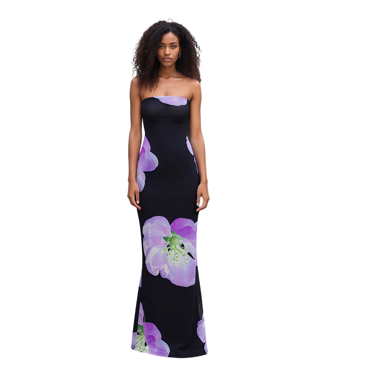 Women s Off Shoulder Maxi Dress Sleeveless Boho Floral Print  Fit Bandeau Dress Summer Beach Party Dress Midi Length