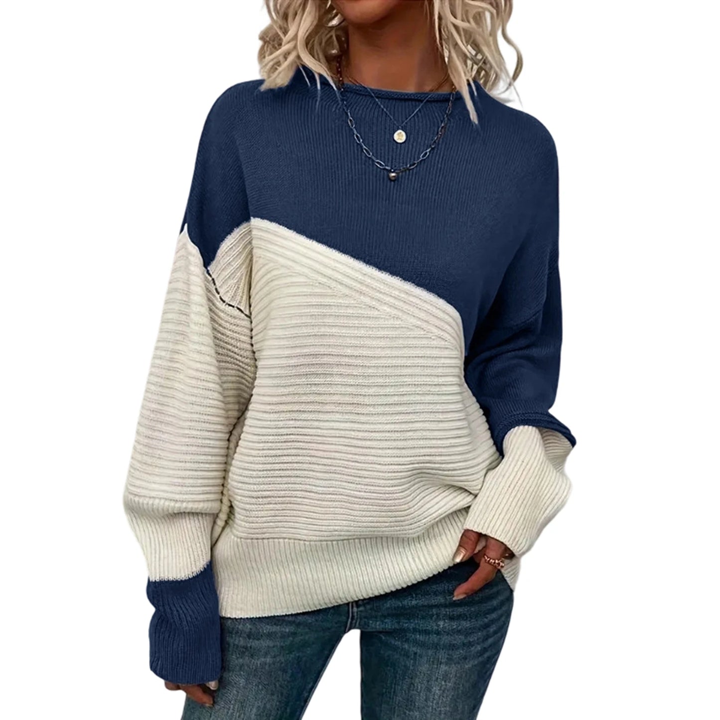 Women'S Casual Round Neck Colorblock Pullover Sweater Loose Casual Long Sleeve Contrast Color Top Pulls Femmes Woman Clothes