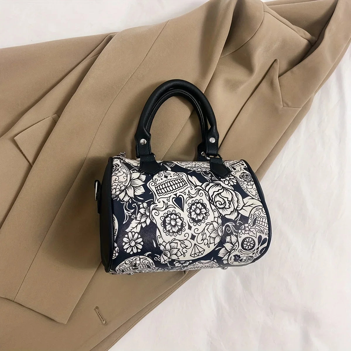 Flower Skull Print Handbag, Halloween Party Ghost Boston Bag, Trendy Small Crossbody Purse