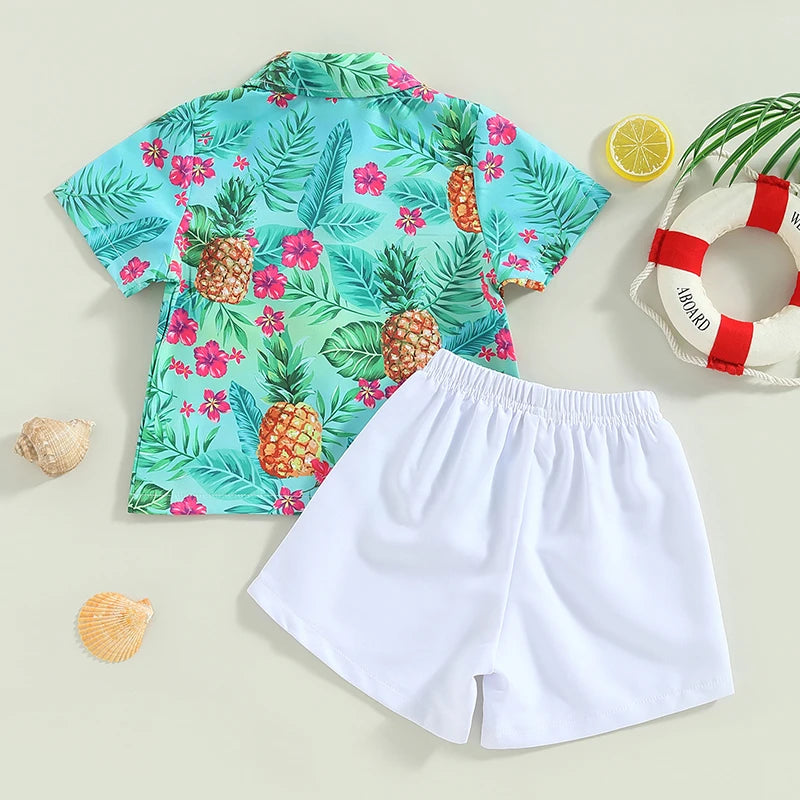 Baby Boy Summer Outfits Hawaiian Print Short Sleeve Shirt Denim Shorts Set for Toddler Boys
