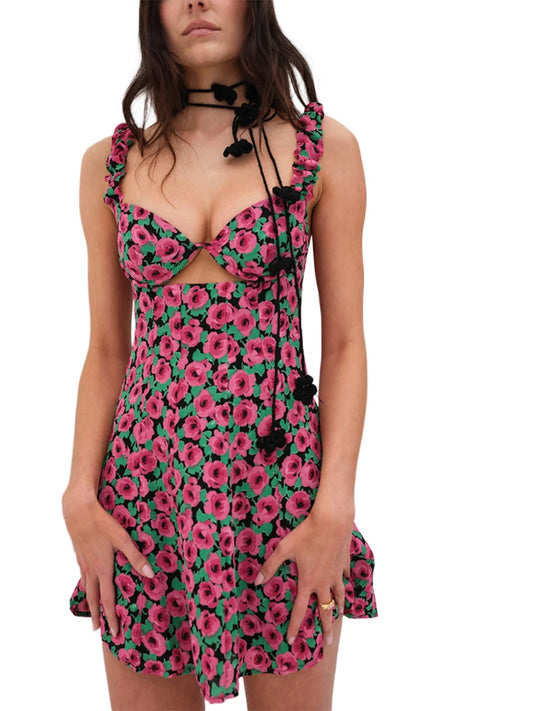 Women s Summer Mini Dress Sleeveless Sweetheart Neck Cutout Floral Print A-Line Dress Short Tank Dress