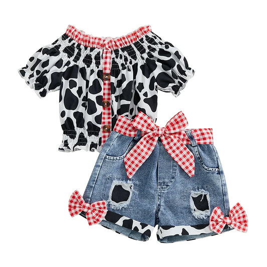 Girls Summer Outfit Leopard Print Sleeveless Top and Distressed Denim Shorts with Frayed Hem and Belt Set