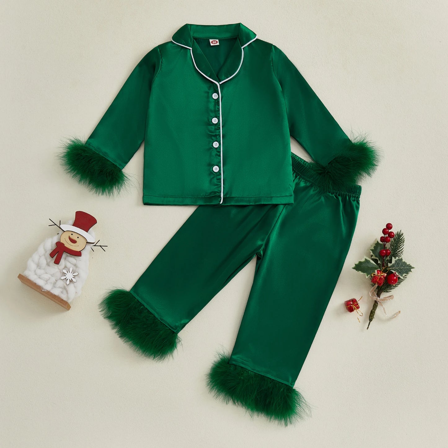 Children s Satin Pajama Set with Plush Trim Long Sleeve Button-up Shirt Elastic Waist Pants - 2 Piece Sleepwear Ensemble