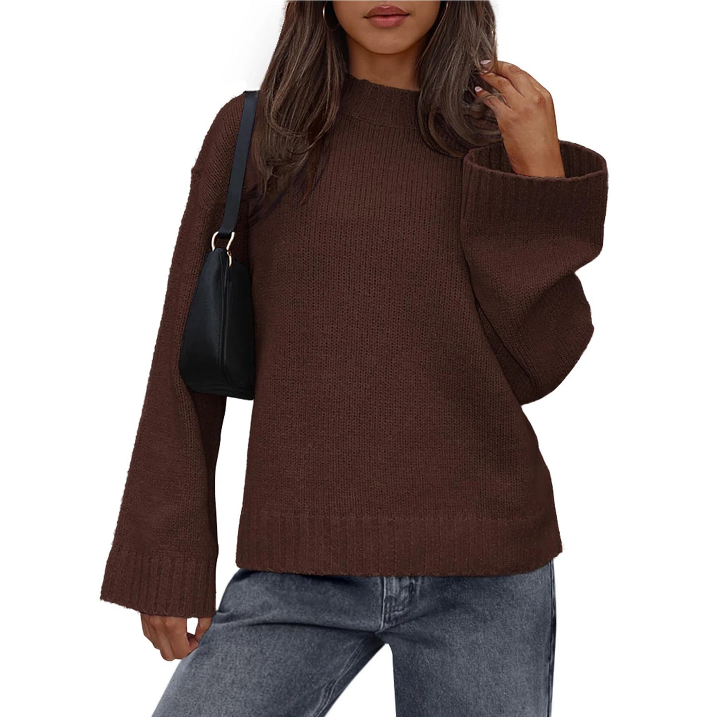 Womens Loose Round Neck Solid Color Bell Sleeve Long Sleeve Knitted Sweater Top Ropa De Mujer Sweater De Mujer Pull Femme