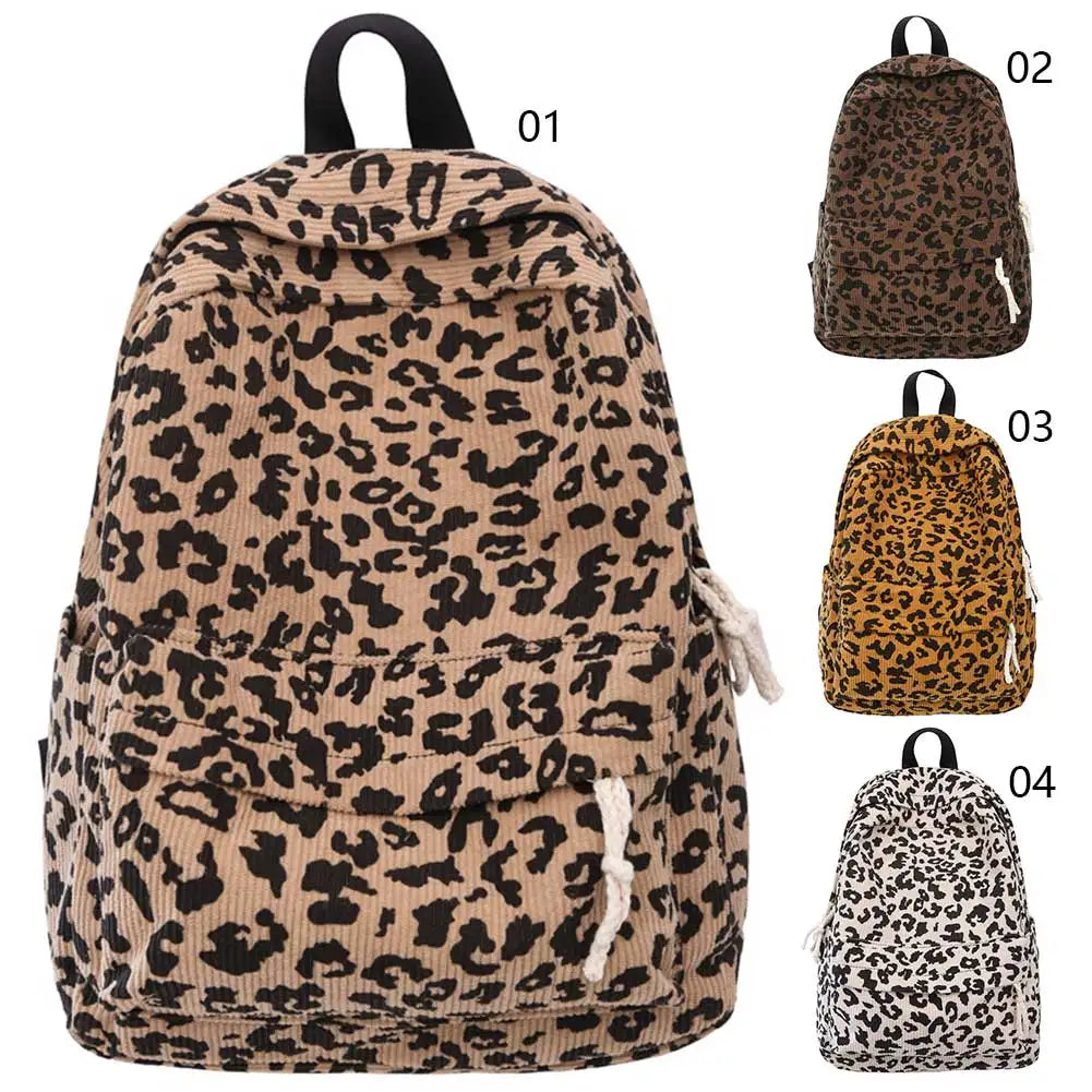Corduroy Leopard Backpack Teenagers School Bag Large Capacity Stylish Shoulder Backpack Multi Pockets Travel Rucksack