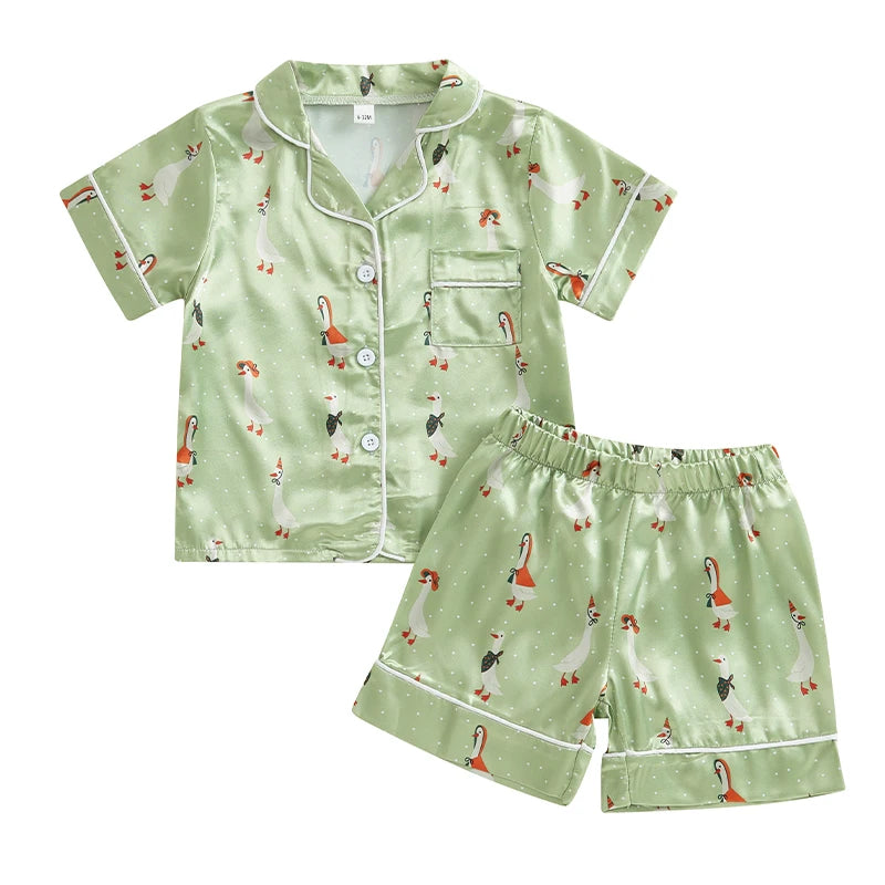 Kids Summer Pajama Set with Cute Animal Print Short Sleeve Button Down V Neck Top and Shorts Lounge Wear 2 Piece Set