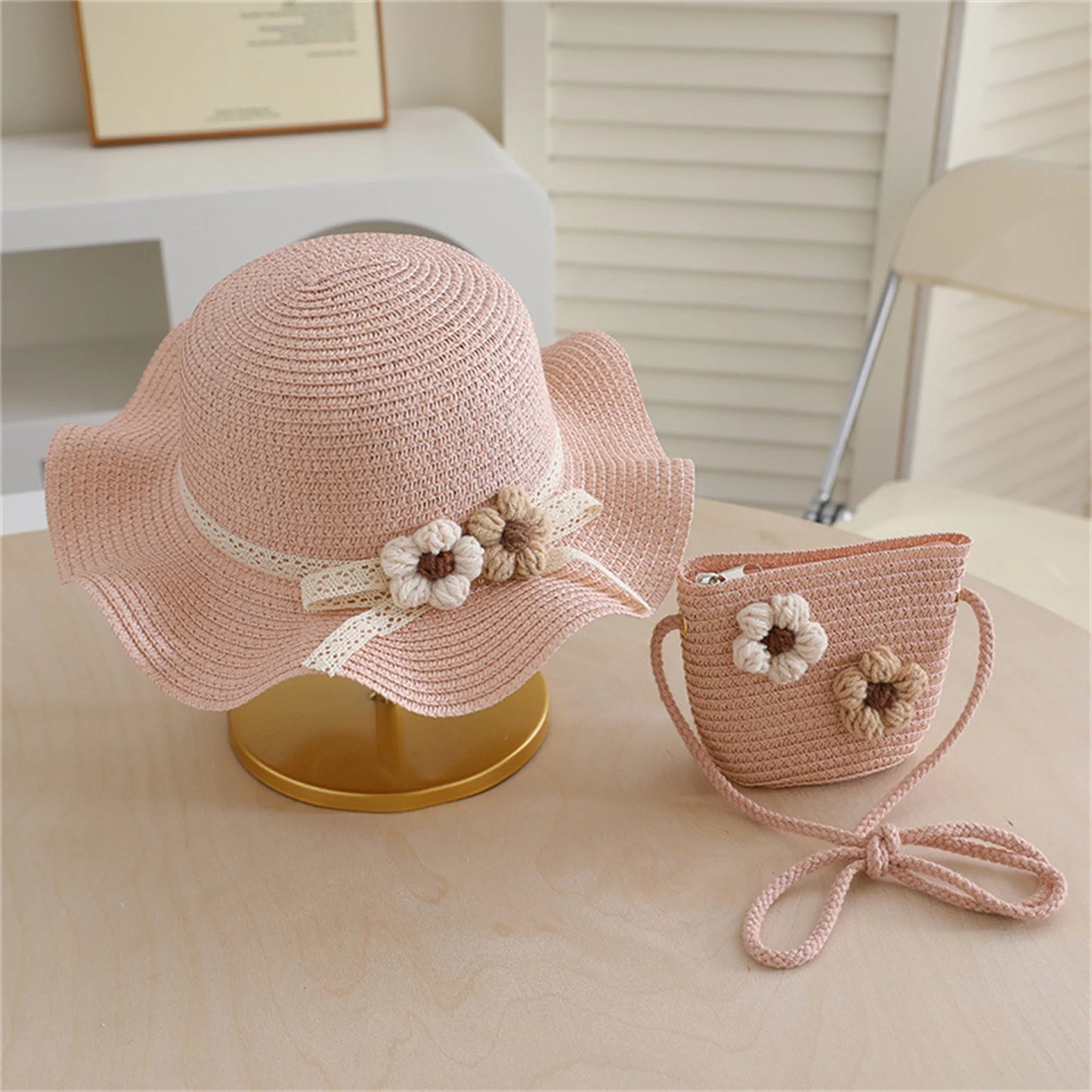 Girls Summer Sun Hat and Tote Bag Set with 3D Floral Embellishments Lace Detail Wide Brim and Adjustable Crossbody Strap