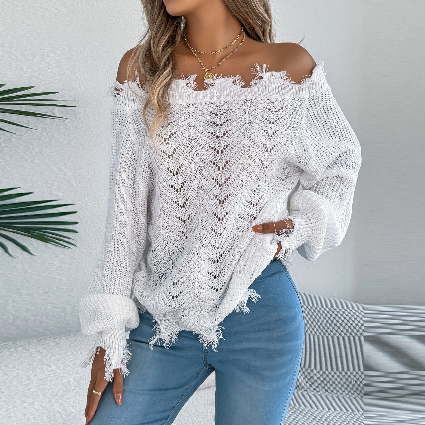 2025 New Women'S Fashion Solid Color Hollow Long Sleeve Cut Off Shoulder Pullover Sweater Ropa De Mujer Winter Clothes Woman