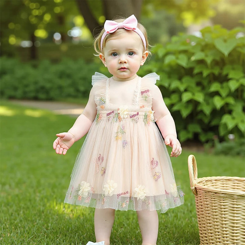 Toddler Girl Sleeveless Floral Embroidered Tulle Dress with Ruffle Square Neckline - Princess Party Dress for Baby Girl
