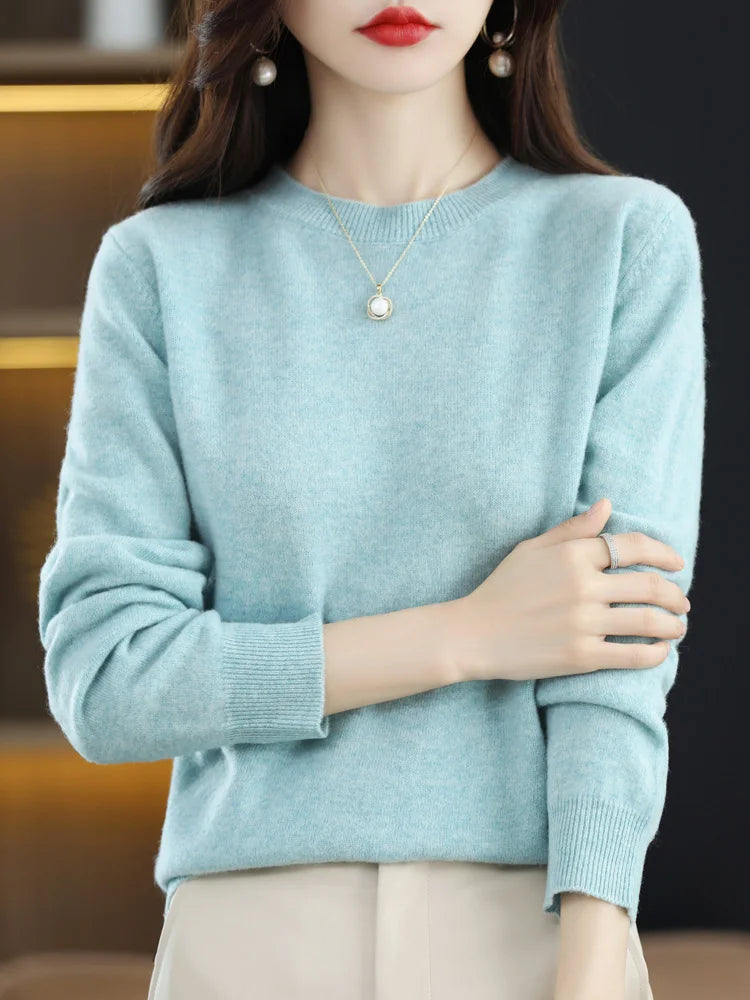 Fashion 100% Merino Wool Women's Sweater O-Neck Long Sleeve Pullover Spring Autumn Winter Basic Jumper Clothing Knitwear Tops