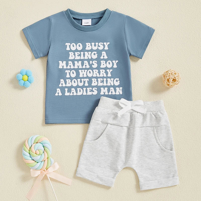Boys Summer Outfits Cute Letter Print T-Shirts with Elastic Waist Shorts - 2-Piece Set for Toddler Boys