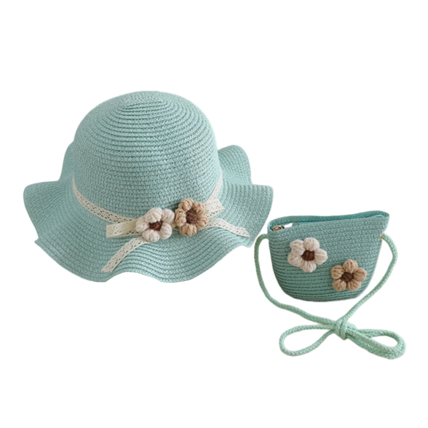 Girls Summer Sun Hat and Tote Bag Set with 3D Floral Embellishments Lace Detail Wide Brim and Adjustable Crossbody Strap