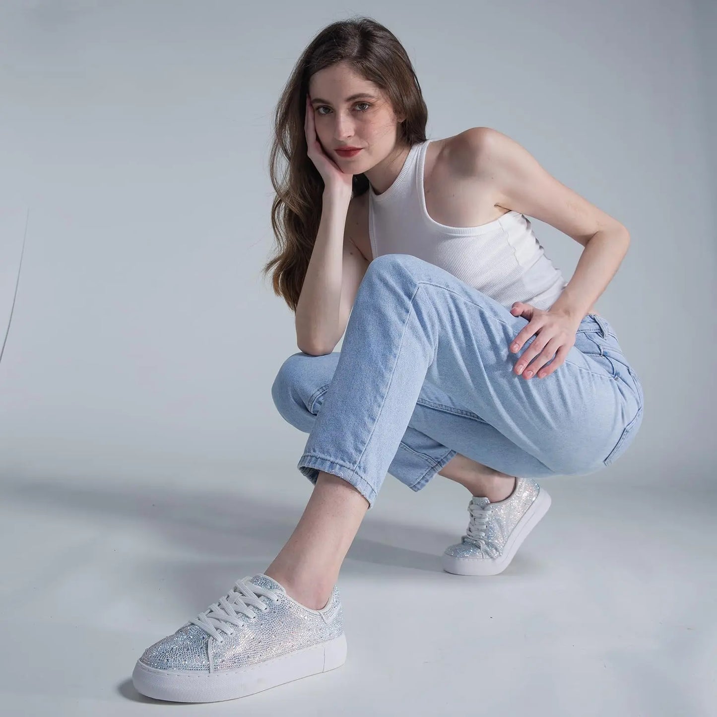 Sparkle Rhinestone Sneakers for Women Bling Sneakers Rhinestone Sneakers White Shoe Glitter Fashion Bedazzled Platform Tennis Sh